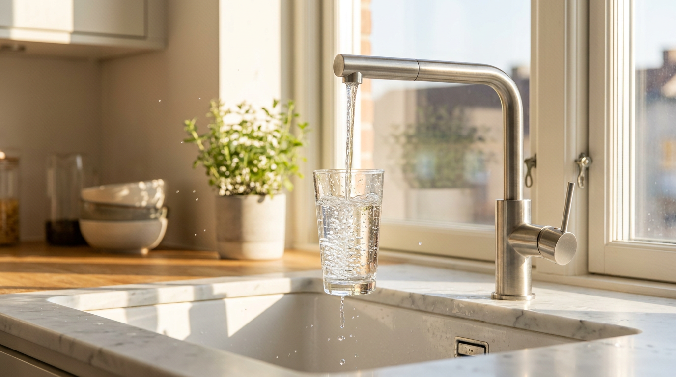 Clean filtered water filling a glass at a kitchen faucet