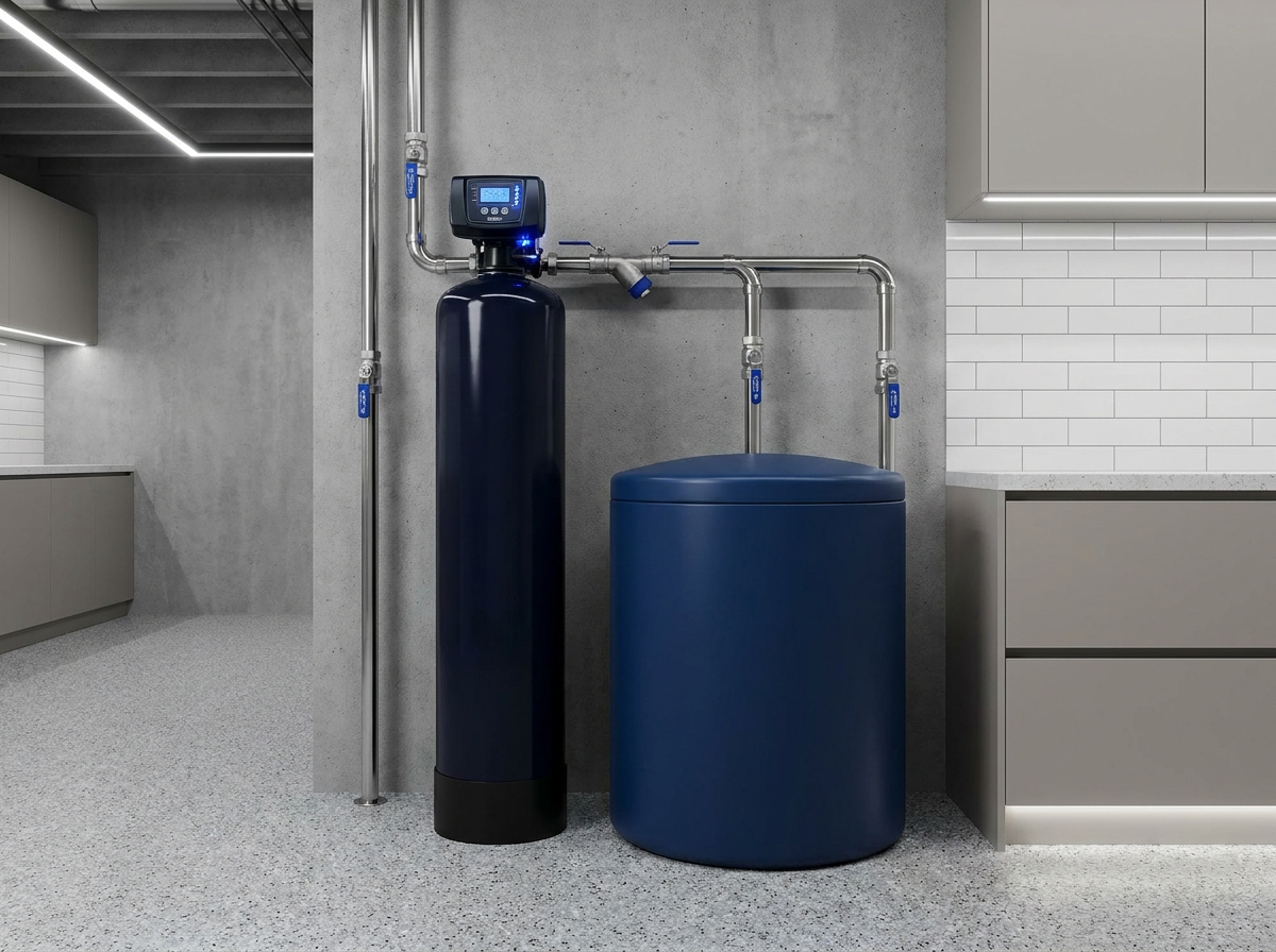 Whole-home water softener system installed in a utility room